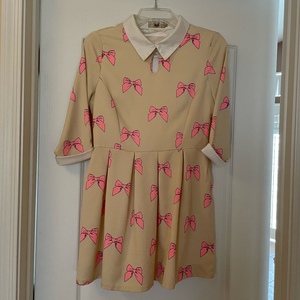 Power Sweet Bow Print Collar Pink Tan  Bow Dress